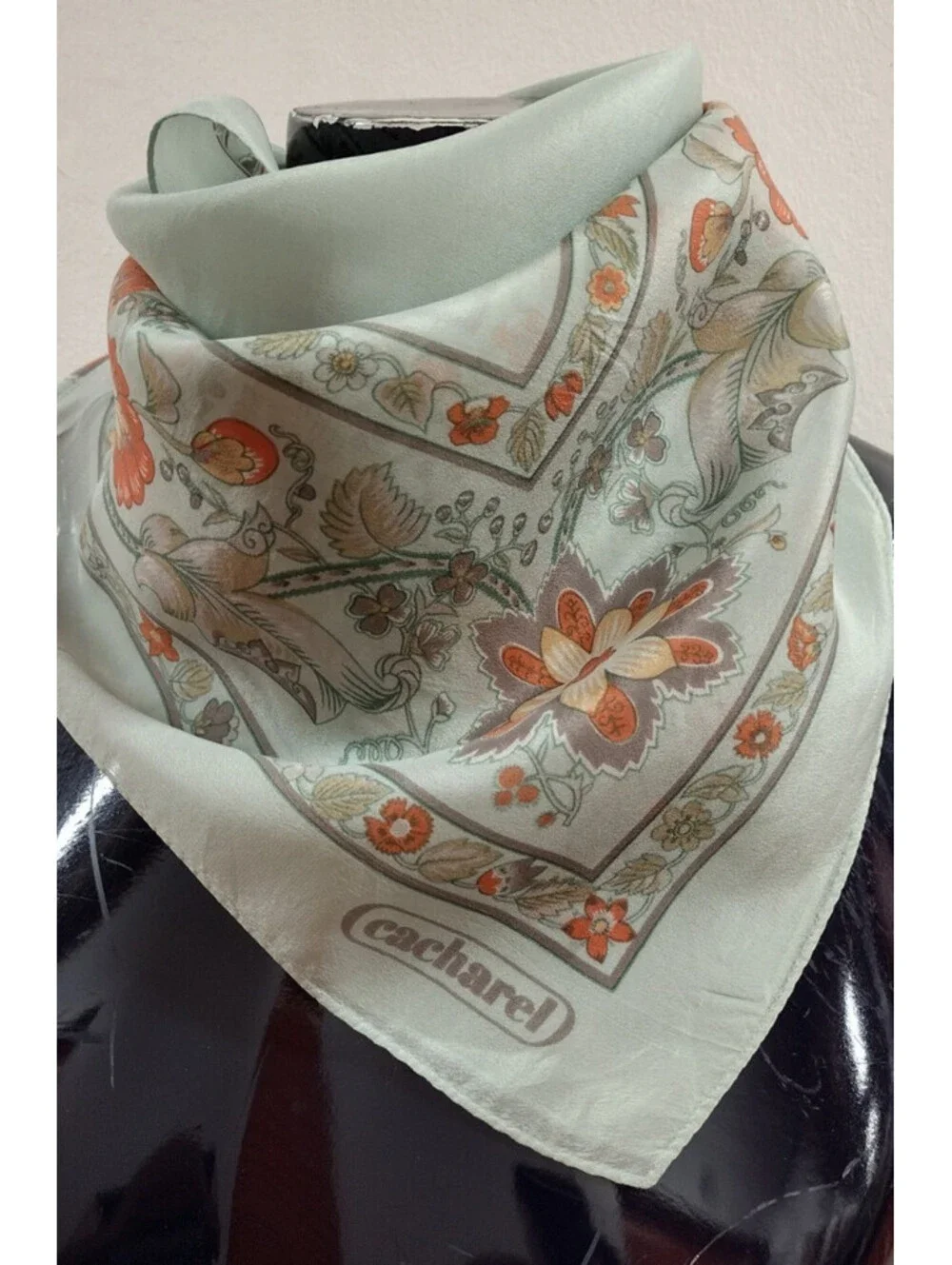 Vintage Cacharel Silk Rayon Scarf Bohemian Style Border Floral Mint Green Gray